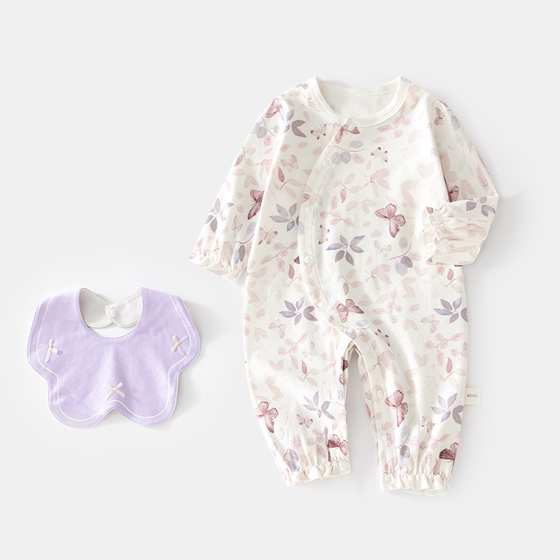 ทารกแรกเกิดการ์ตูนผีเสื้อพิมพ์Jumpsuit + Bibมีนาคม-Decemberชายหญิงเด็กฤดูใบไม้ผลิฤดูใบไม้ร่วงผ้าฝ้าย