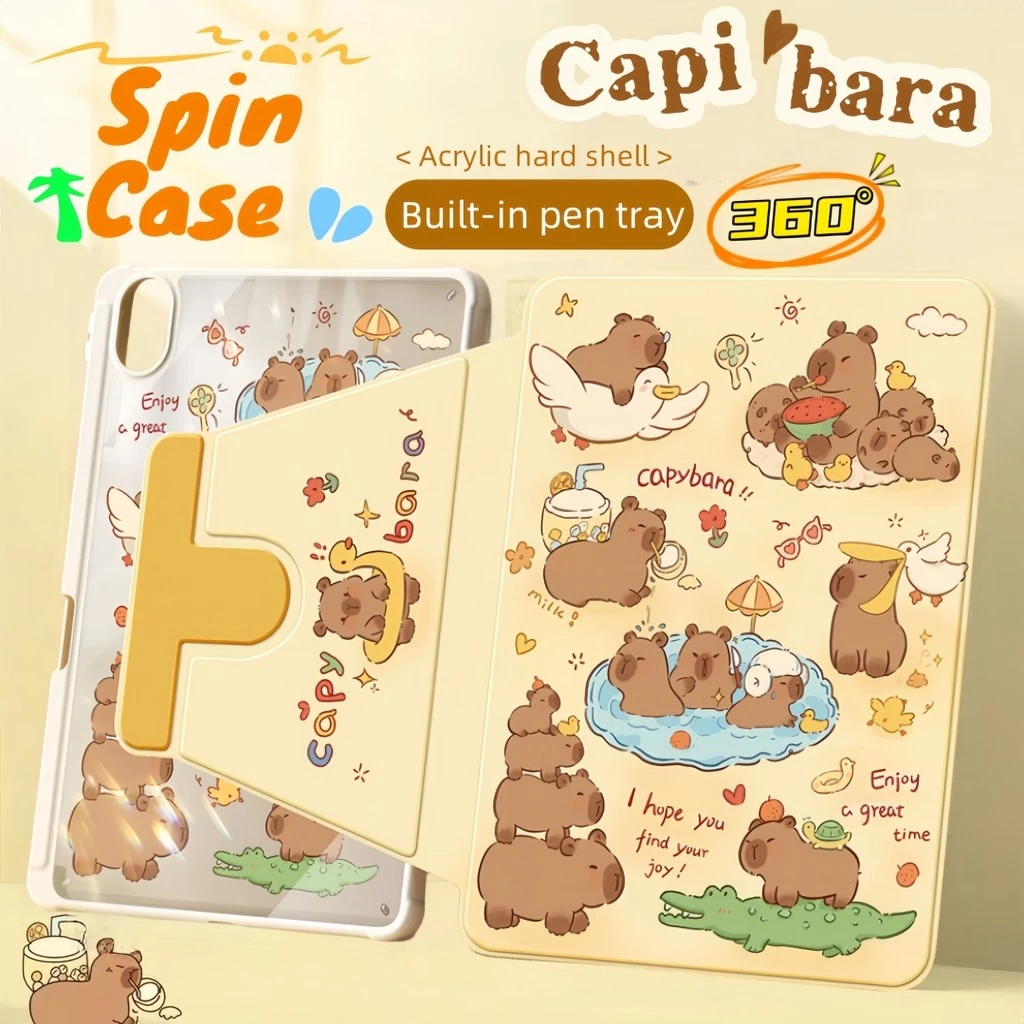 คาปิบารา น่ารัก เคสไอแพด For Gen9/8/7 Air3 A16 gen11/10 Air11 air7/6 M3 Air4/5 Pro11 หมุนได้ 360 พร้อมถาดใส่ปากกา