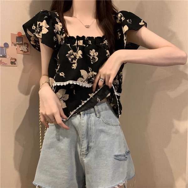 frenchy top สตรีทแฟชั่น เสื้อตุ๊กตาแขนสั้นลายดอกไม้สไตล์ฝรั่งเศสสำหรับผู้หญิงเสื้อตัวสั้นคอเหลี่ยมแข