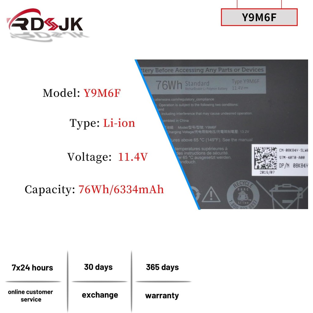 Y9M6F แบตเตอรี่แล็ปท็อปสําหรับ Dell Alienware M15 R2 P87F M17 R2 P41E ALW15M-D4736W ALW15M-D4501B AL