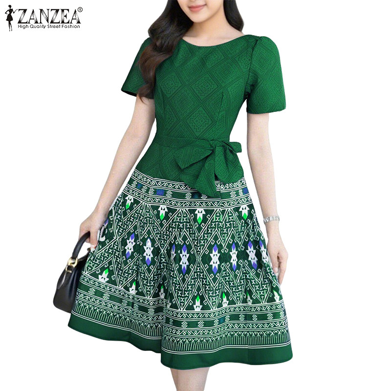 ZANZEA ชุดเดรสสำหรับผู้หญิง คอกลมแขนสั้น หรูหรา สีสันสดใส ทรง A-line