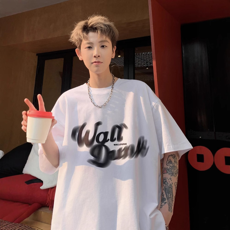 ฤดูร้อนผ้าฝ้ายแท้ผู้ชายผู้หญิงสไตล์เดียวกันอินเทรนด์เบลอ โวลต์oid พิมพ์ตัวอักษรรอบคอหลวมสบายๆเสื้อยื