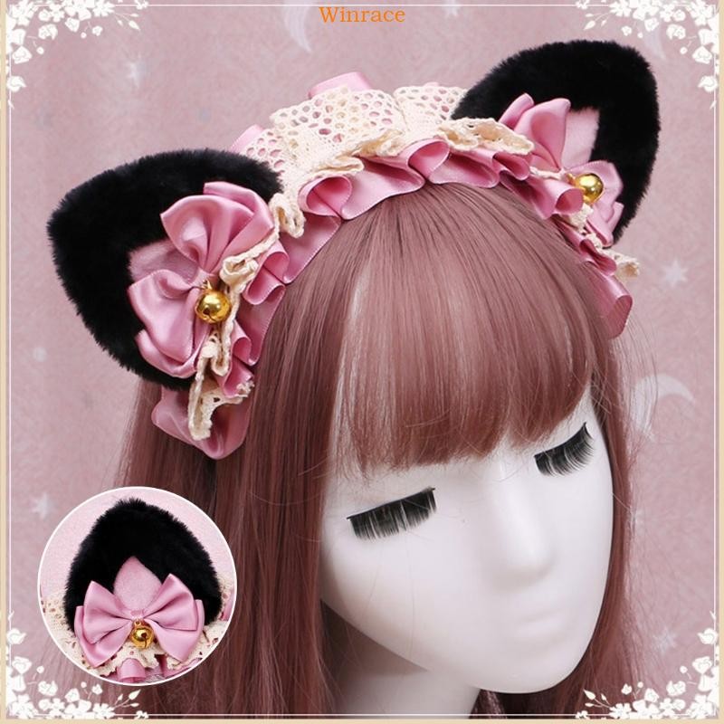 WRC Lace Bowknot Bell Headband คอสเพลย์ Headdress หวานสําหรับหูแมวผมจีบ Hoo