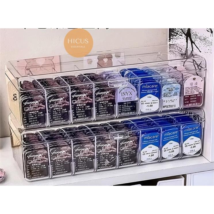 Hicus Acrylic PET Flip-cover พาร์ทิชันกล่องเก็บคอนแทคเลนส์สีแบบใช้แล้วทิ้งทุกวัน