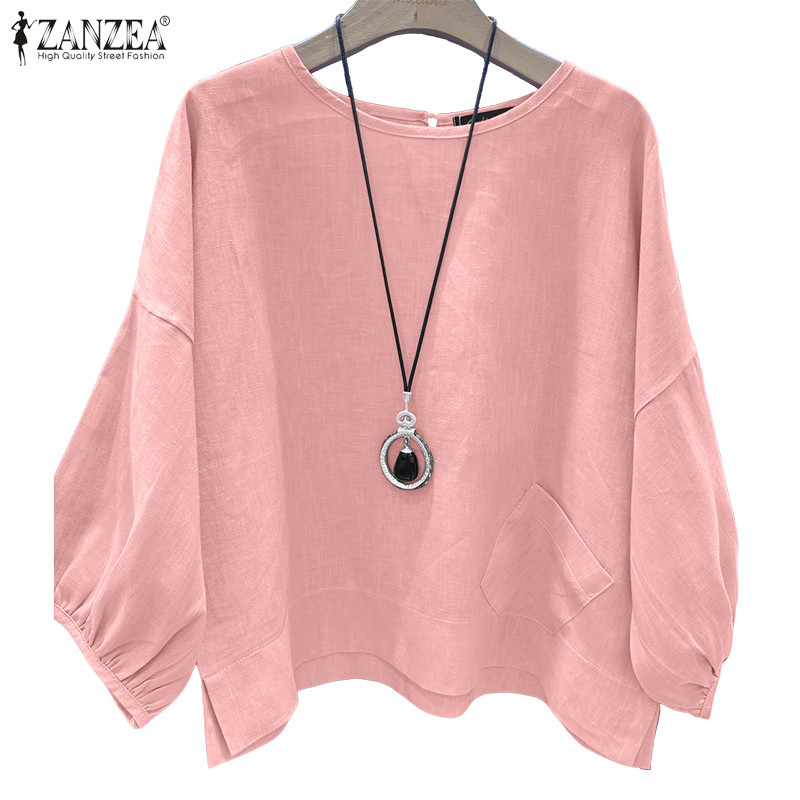 ZANZEA เสื้อผ้าสไตล์เกาหลีเรียบง่ายสำหรับผู้หญิง แขนสามส่วนQuarter กระเป๋าด้านข้างพร้อมปักลาย
