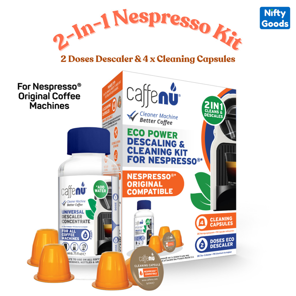 ชุดทําความสะอาดเครื่อง Caffenu Nespresso – (แคปซูลทําความสะอาด 4 ชิ้น + เครื่องขจัดตะกรัน 200 มล.)