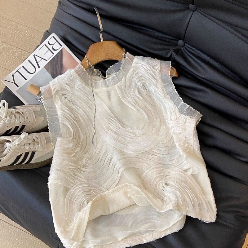 เสื้อเชิ้ตแขนกุดชีฟองสำหรับผู้หญิง ดีไซน์แฟชั่นจากฝรั่งเศส กับขอบกระโปรงลูกไม้