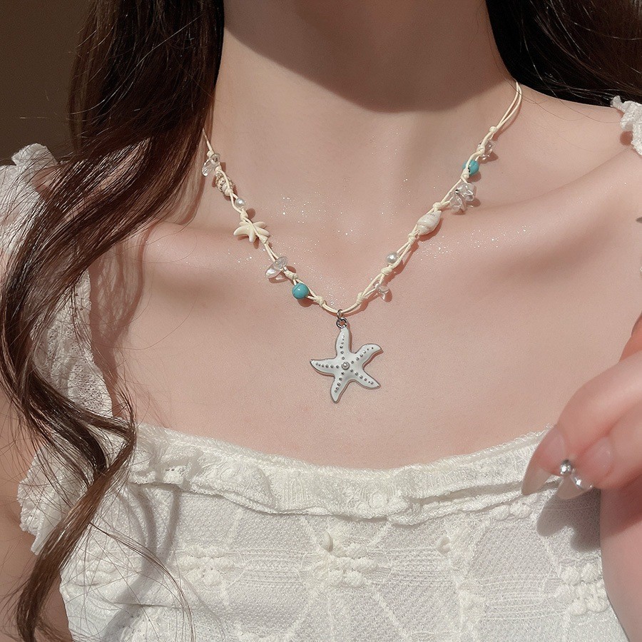 สร้อยคอน่ารักสไตล์วันหยุด ทำจากเชลล์และเชือกขี้ผึ้ง มีลายปลาดาว พร้อมสวมใส่ที่ชายหาดหรือเป็นของขวัญพิเศษให้เธอ ราคา ถูกที่สุด ดีลบีเคเค แกลเลอรีภาพที่ 4