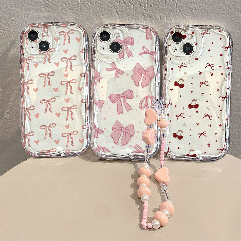 สีชมพู Bowknot พร้อมโซ่เคสโทรศัพท์สําหรับ Samsung Galaxy S25 S24 Ultra S22 Plus S24FE แฟชั่น Y2K สร้