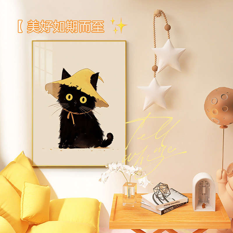 ภาพตกแต่งบ้าน ภาพวาดแมวดำสไตล์ญี่ปุ่น ภาพวาดตกแต่งห้องนั่งเล่น พื้นหลังโซฟา ผนัง เดสก์ท็อป โต๊ะ แขวน