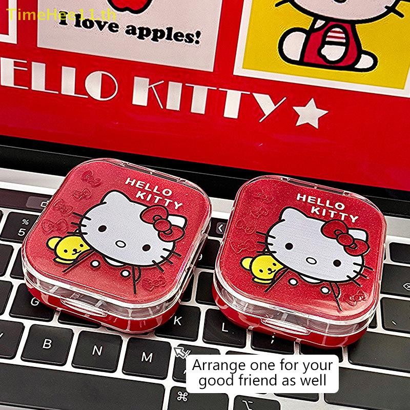 TimeHee 2 คู่สีแดง Hello Kitty คอนแทคเลนส์กรณี Kawaii Sanrio KT แมวความงามนักเรียนกล่องเก็บเครื่องสํ