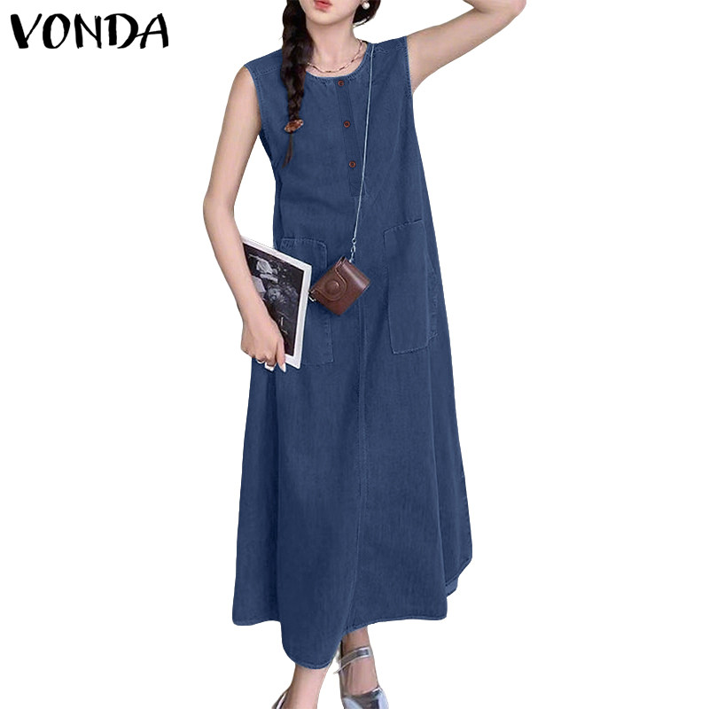 VONDA กระโปรงเชิ้ตแบบ-tank สไตล์เกาหลีวินเทจ คอครึ่ง มีกระเป๋าด้านข้าง เหมาะสำหรับสวมใส่วันสบายๆ