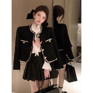 เสื้อทวิต คาร์ดิแกน กระดุม เบลเซอร์ เสื้อคลุม สไตล์หรูหรา สีดํา สไตล์เกาหลี มีกระเป๋า ผู้หญิง แจ็คเก็ต มีกระเป๋า