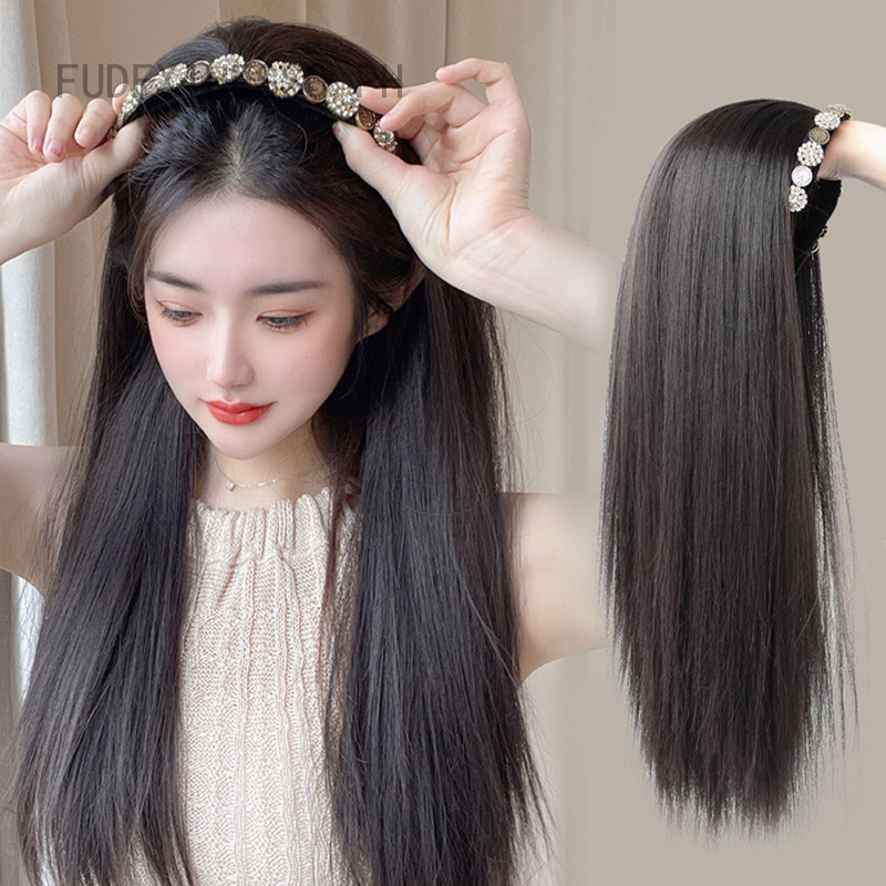 FDX1SyntheticวิกผมHairbandหนึ่งหญิงผมยาวRhinestone Hairbandครึ่งหัวU-รูปยาวตรงวิกผมเครื่องแต่งกายคริ