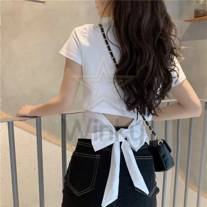เสื้อยืดแขนสั้นผู้หญิง ผูกหลัง ดีไซน์เก๋ ใส่สบาย สีสวย