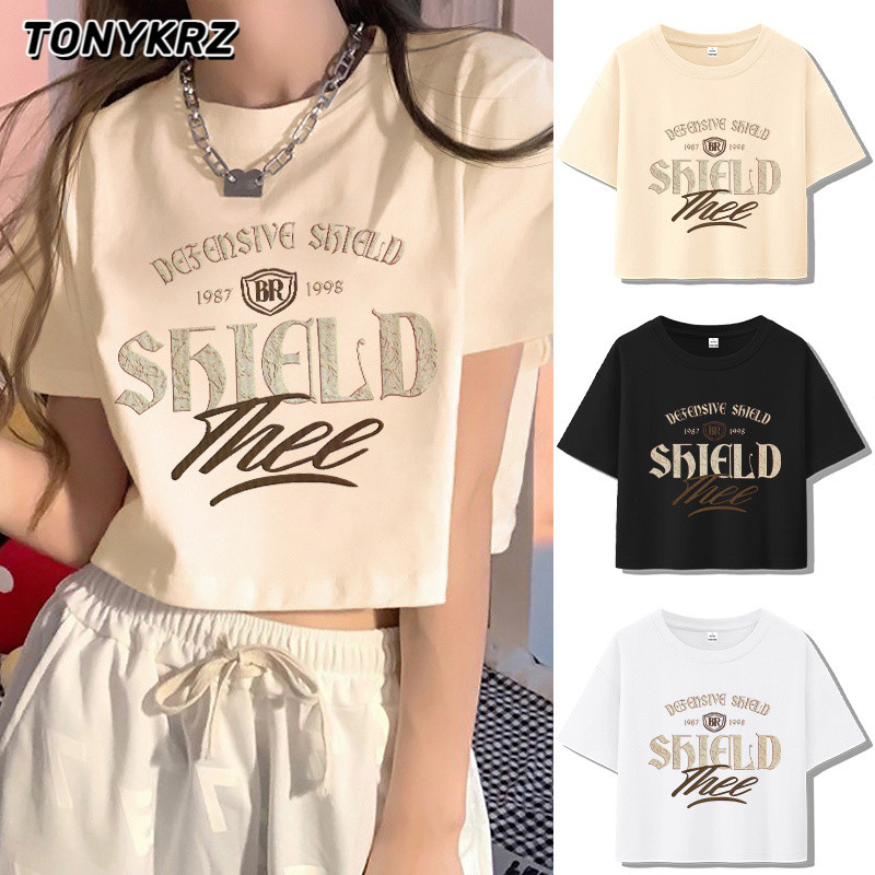 ฤดูร้อนผู้หญิงวินเทจสั้นด้านบน, ไหล่ปกติรอบคอผ้าฝ้ายแท้แขนสั้นเสื้อยืด