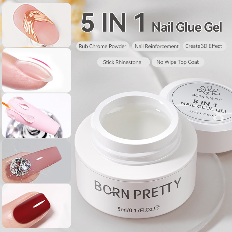 BORN PRETTY 5 IN 1 เล็บเจลเจลเจลเสริมแรงไม่มีเช็ด Top Coat เล็บ UV LED Soak Off เล็บเจลเคลือบเงา 3D Design เจล
