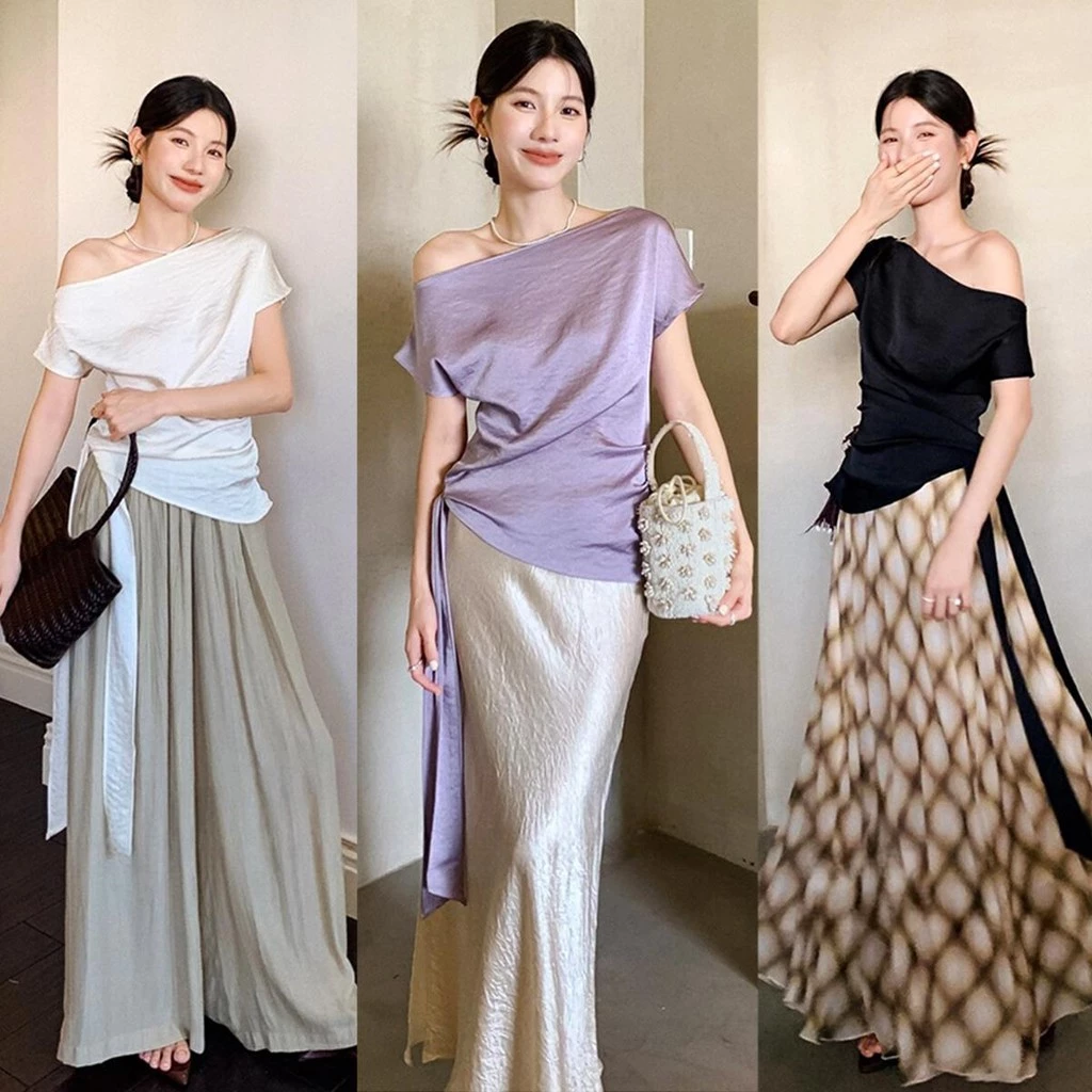 Chili Koko เสื้อยืดแขนสั้นผ้าซาตินคอเฉียงสไตล์ฝรั่งเศสสำหรับผู้หญิงช่วงฤดูร้อน ชายเสื้อริบบิ้น สง่างาม 99168