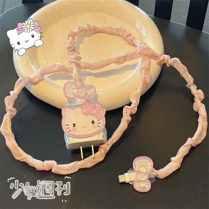 น่ารัก สวัสดี คิตตี้ ฝาครอบป้องกันหัวชาร์จ+ชุดอุปกรณ์ม้วนสายไฟชาร์จ ฝาครอบป้องกันเครื่องชาร์จตกแต่งการ์ตูนสําหรับ ไอโฟน