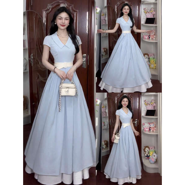 vynn official กางเกงขาบานสไตล์ฝรั่งเศส แบบใหม่ปี2025ชุดเดรสสีฟ้าเรียบง่ายและดูดีใส่แล้วดูดีสำหรับฤดู