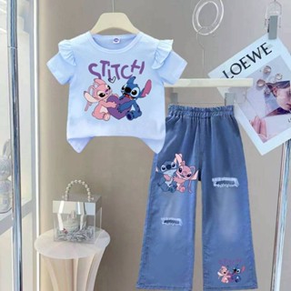 PINKชุดตามกระแส ชุดเซ็ทเด็ก เสื้อแขนปีกนก+กางเกงยีนส์เทียม (…