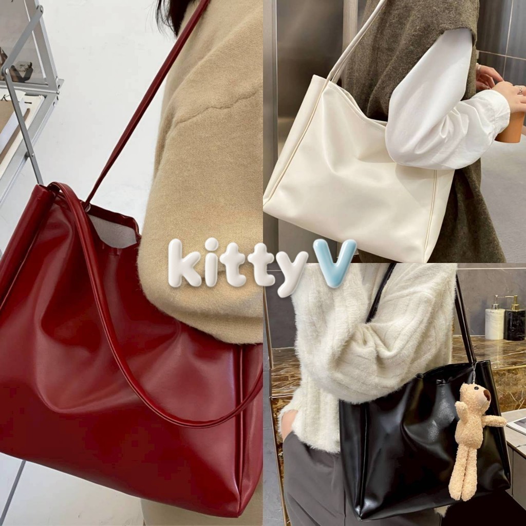 kitty.vogue พร้อมส่ง กระเป๋าสะพาย กระเป๋าใบใหญ่สำหรับผู้หญิงสะพายข้างได้ถือได้หนัง น่ารักๆ pu สีพื้นๆ-KP-2
