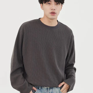 PROMAN วแขนยาววาฟเกอร์ผู้ชาย สีบริสุทธิ์ เสื้อยืด ทรงหลวมสไตล์เรียบง่าย ทรงเข้ารูปขั้นพื้นฐาน มีให้เลือกหลายสี ขนาดM-