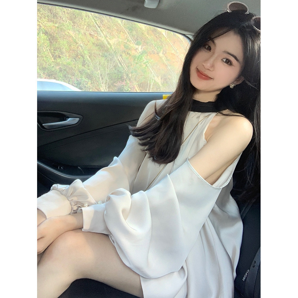 Elegant Shoulder-Baring Two-Way Wear French New2023Spring and Summer Women's Shirt