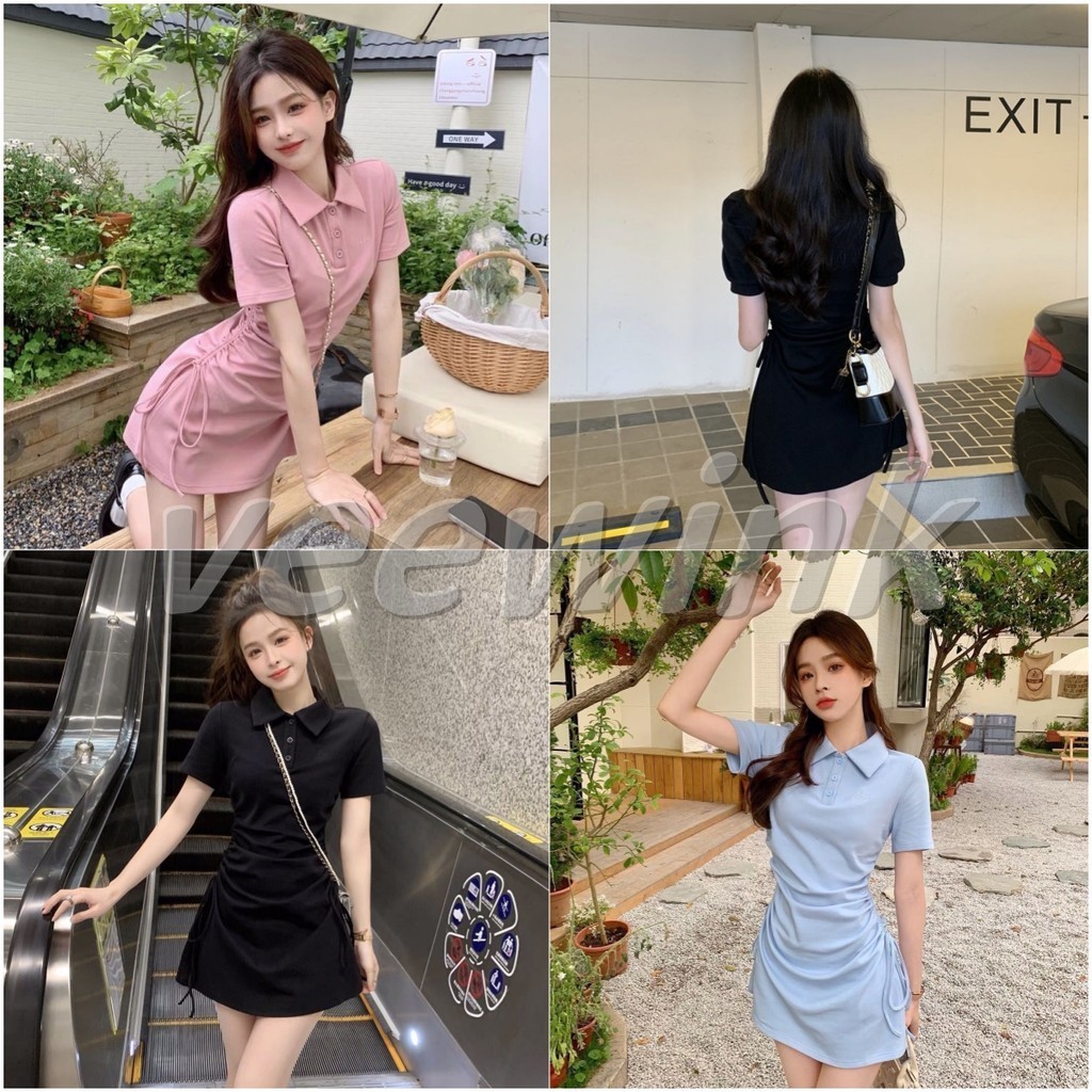 Veewnk ชุดเดรส ชุดเดรสผู้หญิงมีเชือกผูกเอว ชุดเดรสแขนสั้น เอวบาง สีน้ำเงิน