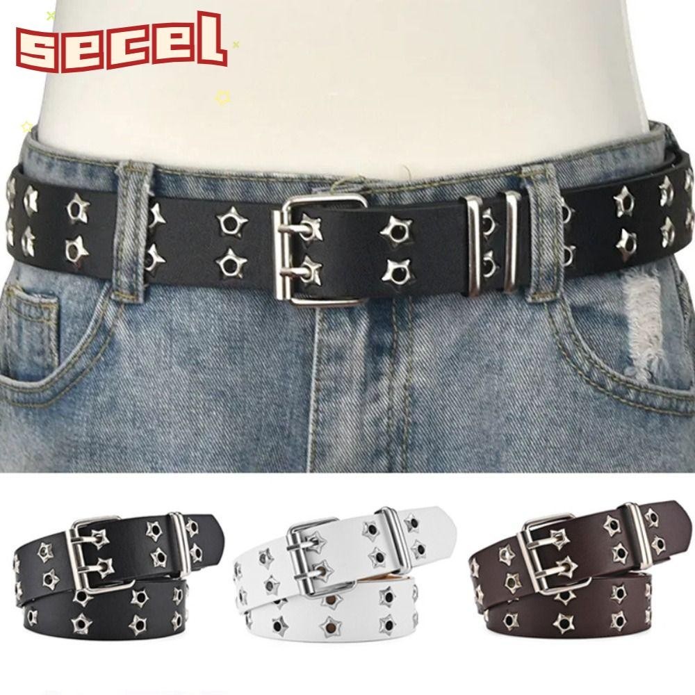 Secel เข็มขัดหนังโกธิค, เข็มขัดหมุดฮิปฮอปรูปดาว, เข็มขัดหัวเข็มขัดขาคู่สไตล์ Y2k Punk Rock