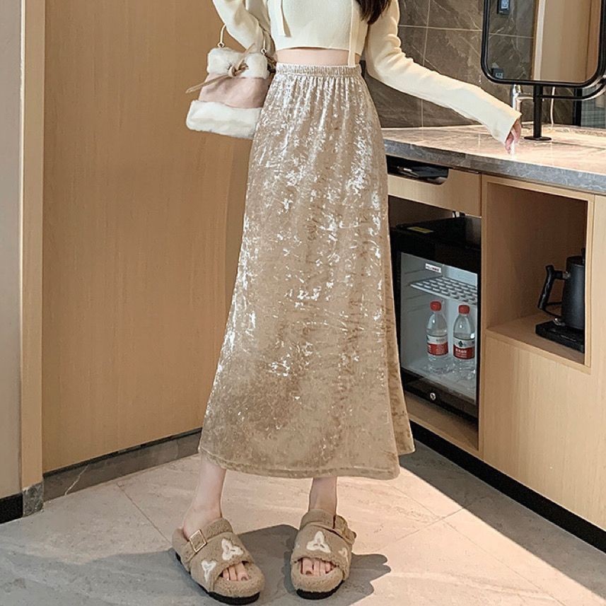 2024 สไตล์ใหม่ Retro Gold กํามะหยี่กระโปรงผู้หญิงฤดูใบไม้ร่วงออกแบบ Fishtail เอวสูง Slimmer ดูกระโปรงใหญ่กระโปรง