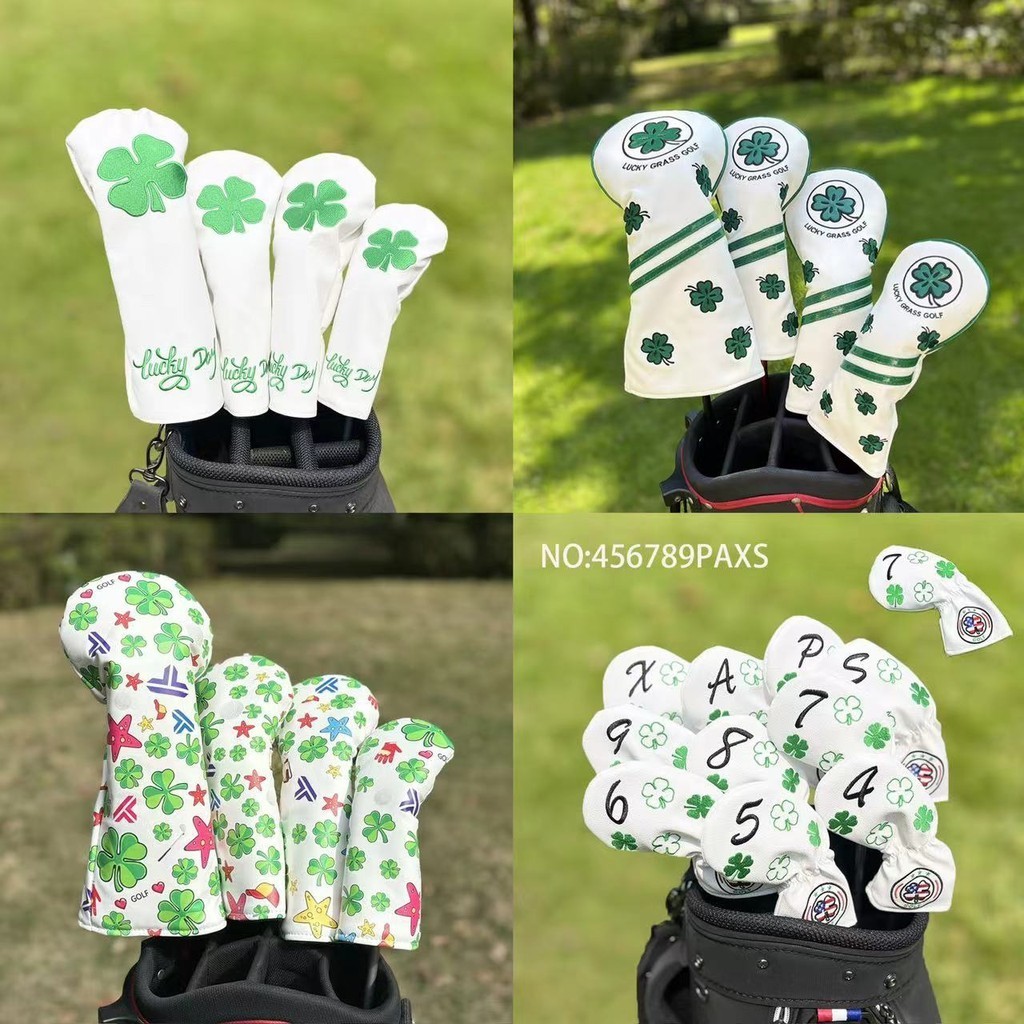 ผ้าโพกศีรษะกอล์ฟโคลเวอร์สี่แฉกนําโชค #1 #3 #5 หัวไม้ครอบคลุมไดร์เวอร์ Fairway Hybrid Woods Headcover พร้อมแท็กหมายเลข