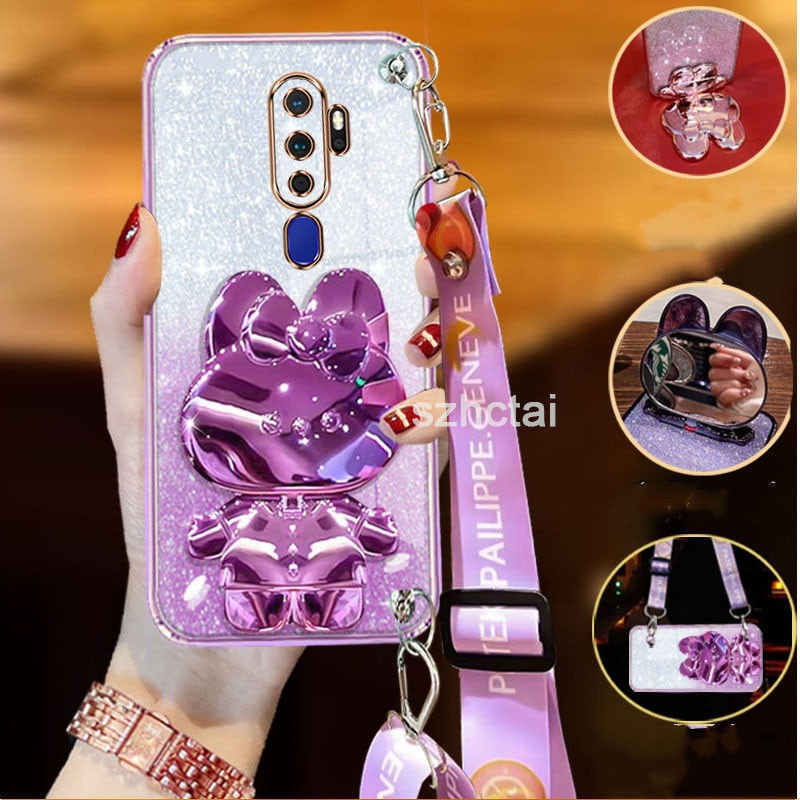 เคส OPPO A9 2020 A5 2020 ที่อยู่อาศัยยาวสายรัดข้อมือสไตล์กับกระต่ายยืนกระจกแต่งหน้าหรูหรานุ่ม tpu กรณีโทรศัพท์ปกหลัง เคสโทรศัพท์ OPPO A9 2020 A5 2020