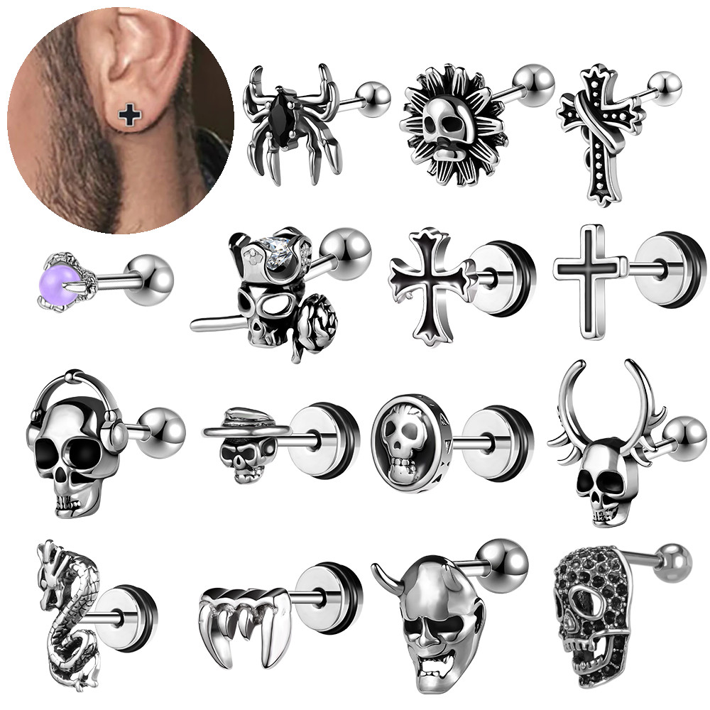 1 PC สแตนเลสสตีลหู Punk Stud ต่างหู Skull รูปร่างเจาะหูแฟชั่น Lip Stud เครื่องประดับ 16G Body Piercing