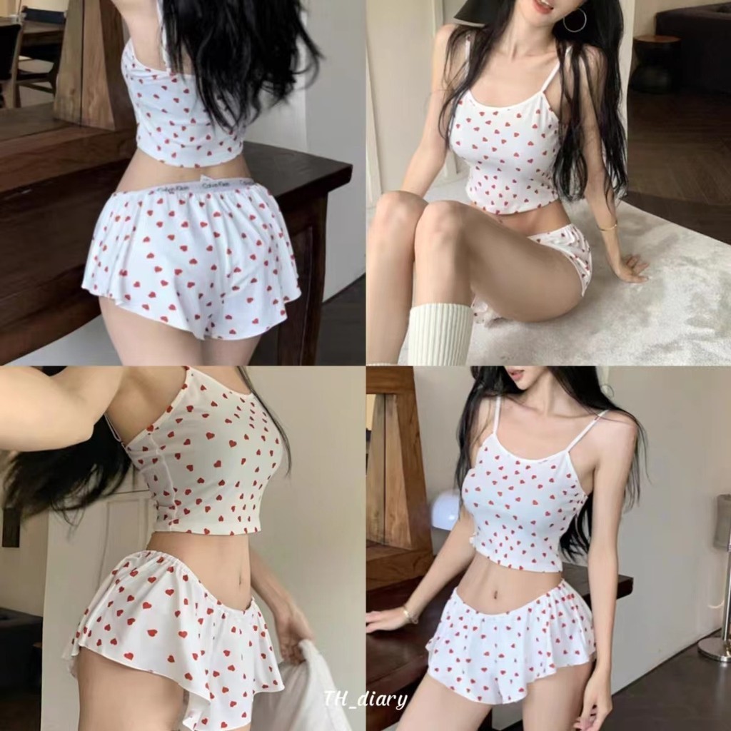 (พร้อมที่จะจัดส่งในกรุงเทพ) สไตล์ใหม่ของผู้หญิง ลายหัวใจ เสื้อสายเดี่ยว+กระโปรง ชุดสองชิ้นสำหรับใช้ในบ้าน-Z258
