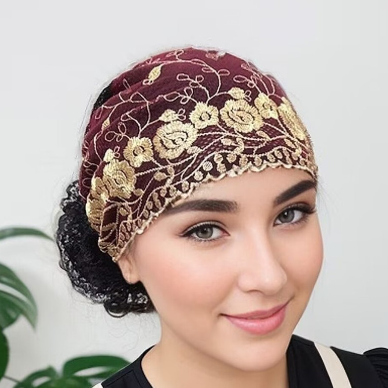 หมวกผู้หญิงหมวกลูกไม้ปักผ้าคลุมศีรษะ คลุมผม มุสลิม แม่