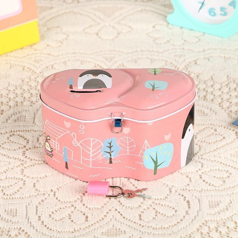 [Hot Sale]Multicolor, Large Doppel Herz Children Money Box Tinplate Anti-Rust with Lock Saving Pot S