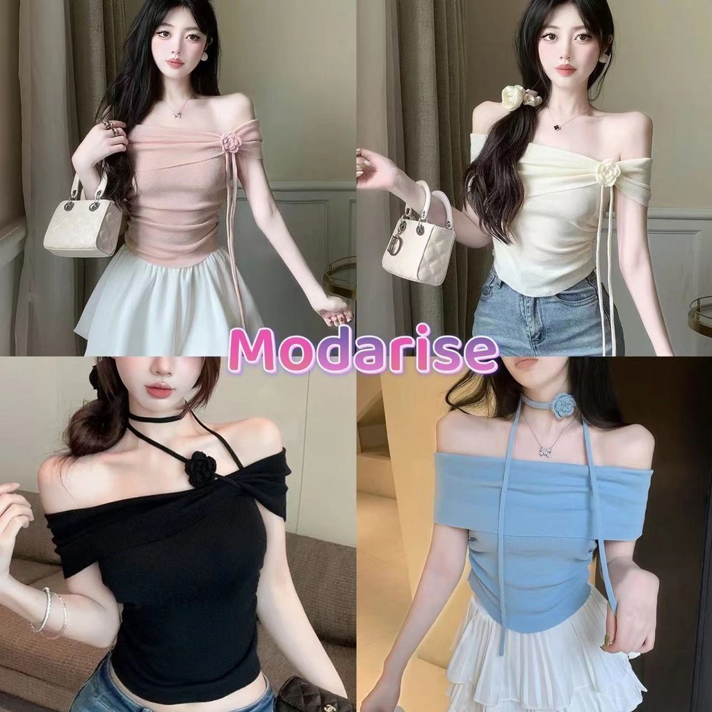 Modarise พร้อมส่ง เสื้อยืดถักริบบิ้นดอกไม้สามมิติ ไหล่เดียว เปิดไหล่ อ่อนโยนและหวาน