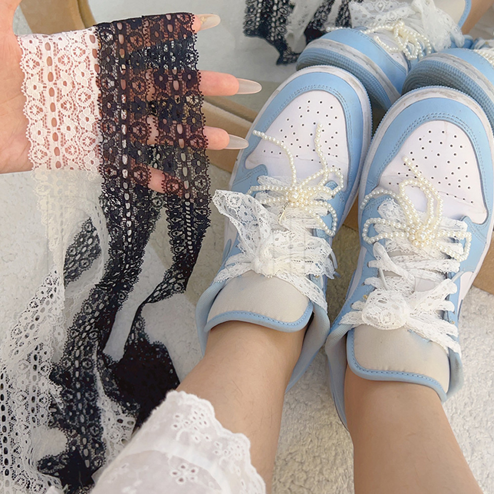 3 คู่ Lace Hollow Shoelaces - Sneaker Canvas Shoes Accessories - Lace Floral Shoestring - Elastic Shoestring - Elegant, Korean Ins, Sweet - Black White Fancy Ribbon Shoelaces