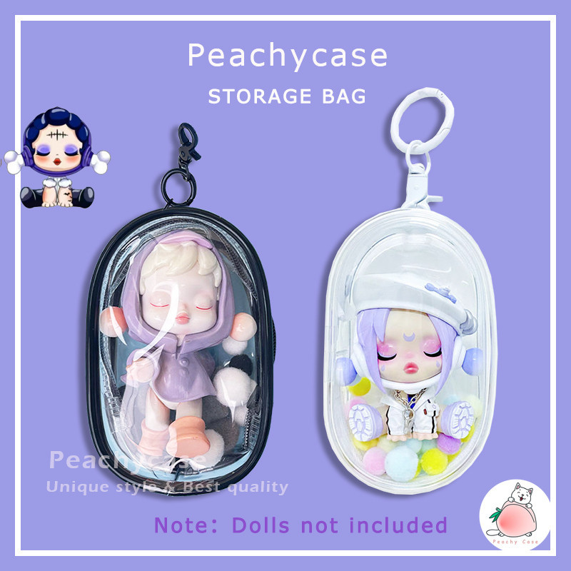 แฟชั่นกระเป๋าเก็บโปร่งใส Popmart Crybaby Labubu ตุ๊กตากล่องแสดง PVC พวงกุญแจสายเคเบิลข้อมูลแบบพกพาฝุ่นกระเป๋าเครื่องประดับ