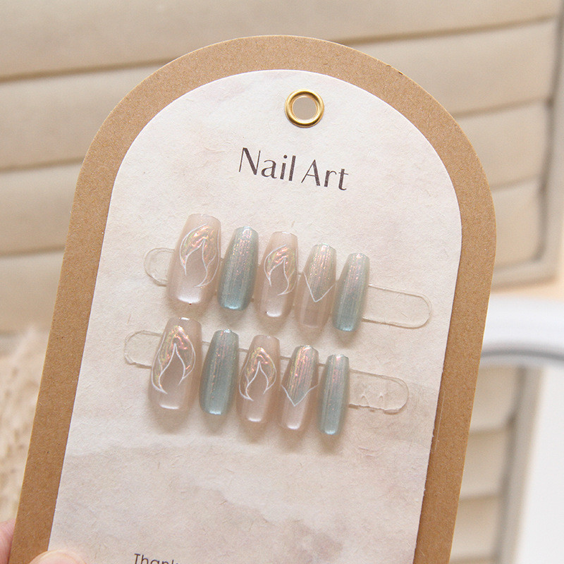 Blue Mermaid Manicure Patch Chasing Light Cat Eye สวมใส่เล็บแพทช์ที่ถอดออกได้ Cat Eye แพทช์เล็บใส