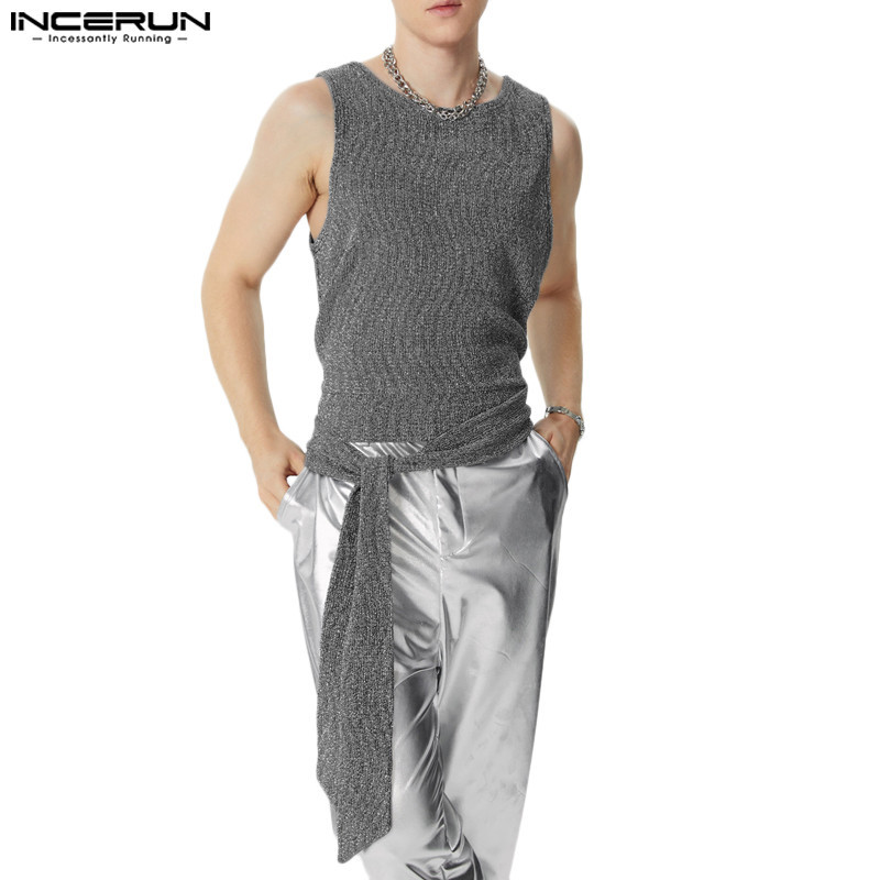 Incerun ผู้ชายวินเทจ Casual Glitter Strappy Design Ruffles แขนกุดถัง