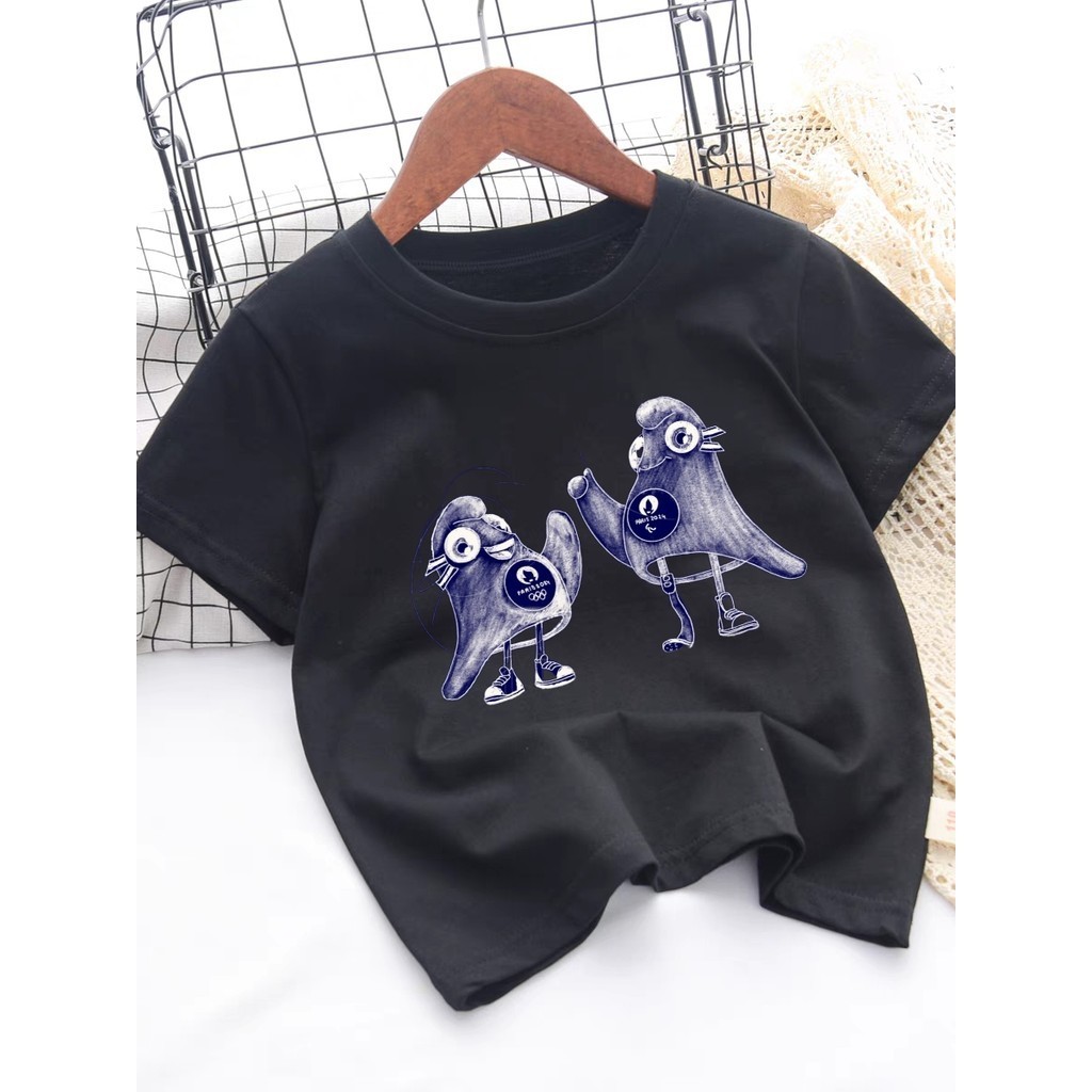 2024 Paris Olympic Games Phryge มาสคอตปารีสเกมรอบแขนสั้นแฟชั่นอินเทรนด์ unisex kids' T-Shirt 100-150