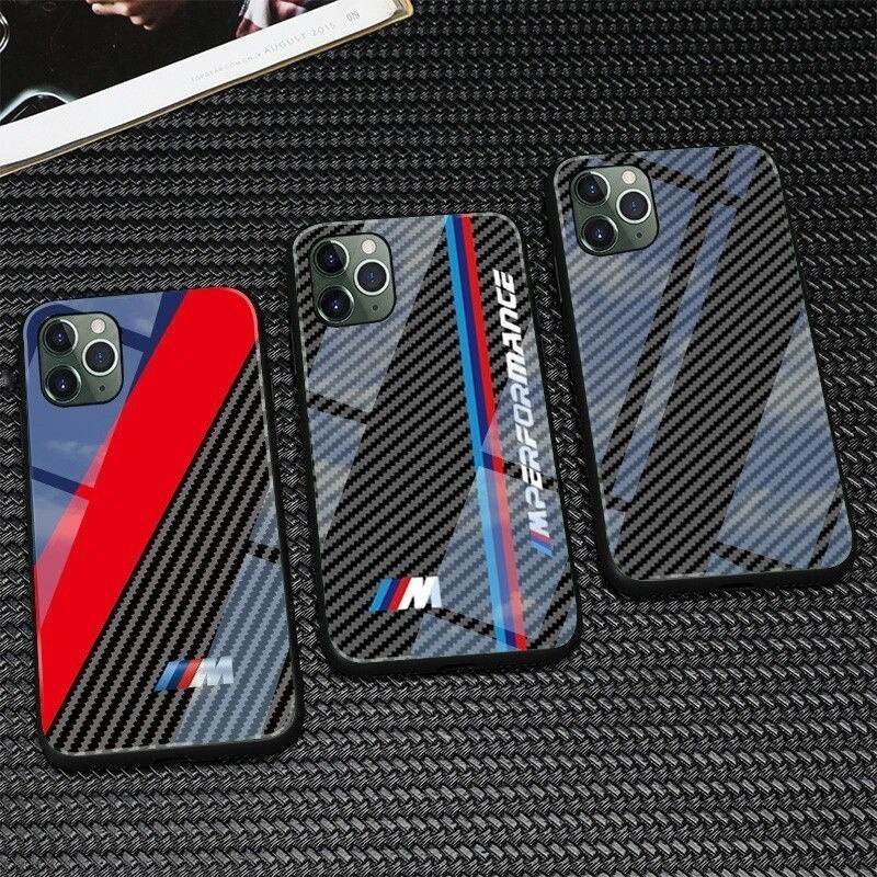 Bmw AMG กระจกนิรภัยสําหรับ iPhone 14 Pro Max 15 Pro Max 13 12 Pro Max 11 Pro Max X XS Max XR 14P คาร์บอนไฟเบอร์กรณีฝาครอบป้องกัน