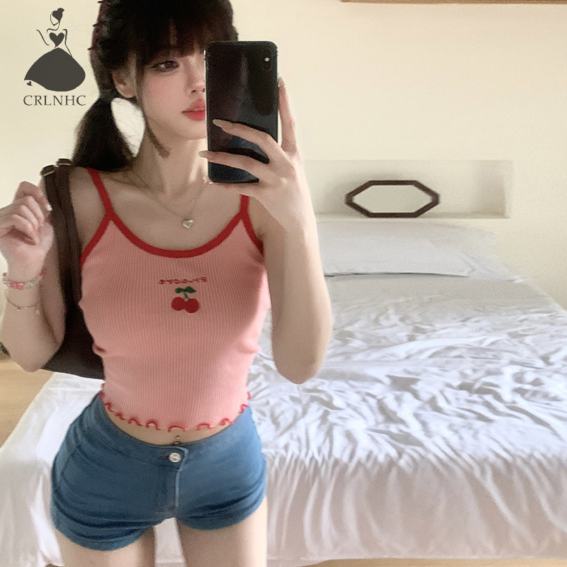 Kans เกาหลีหวานเชอร์รี่ปัก Contrast สีแขนกุด Slim ถัก Camisole สําหรับผู้หญิง TH