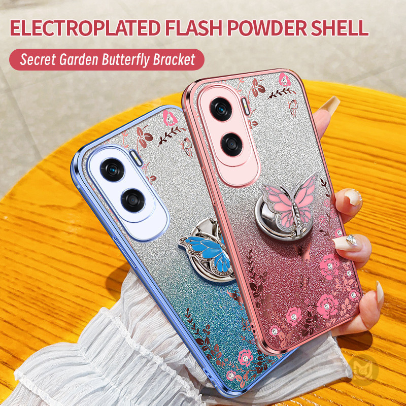 ปลอกสําหรับ Honor 90 80 70 60 50 90Lite X9B X9A X8 9X Pro ชุบ Glitter เพชรผีเสื้อ Stand Holder Soft Case Cover