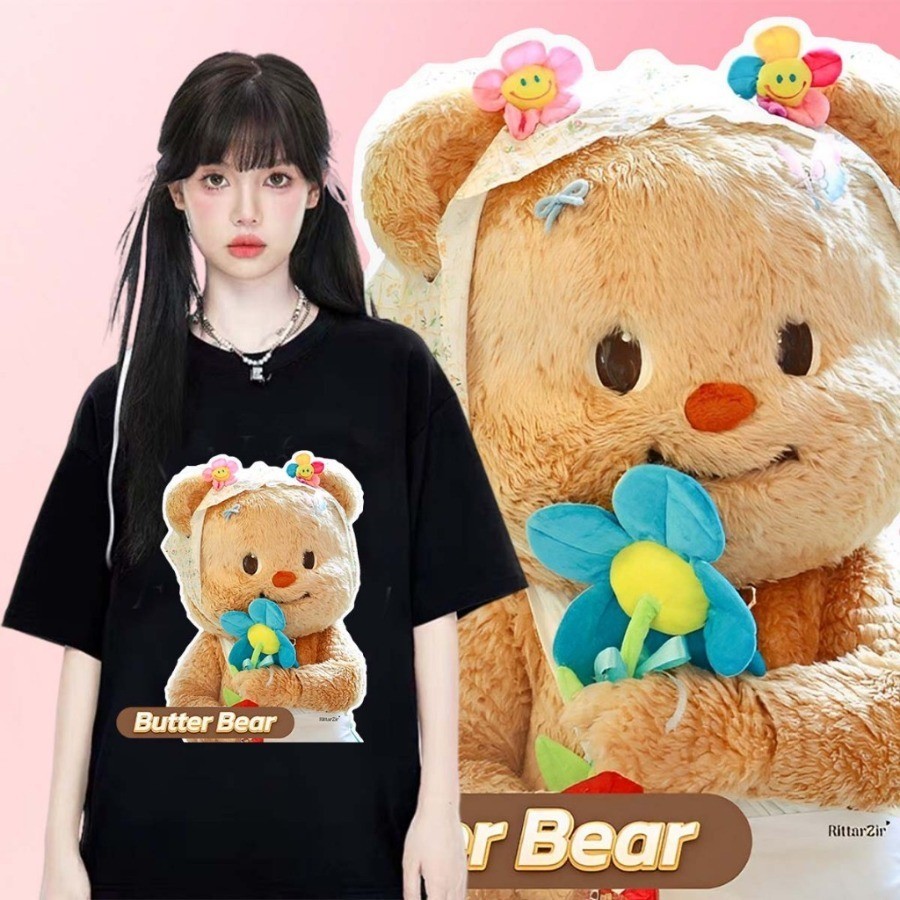 M-8XL 2024 ใหม่การ์ตูน ButterBear พิมพ์เสื้อยืดสําหรับผู้หญิงอินเทรนด์และหลากหลายหมีเนยเสื้อยืดคอกลมแขนสั้นTop หลวมและขนาดใหญ่เสื้อยืดสําหรับผู้หญิง