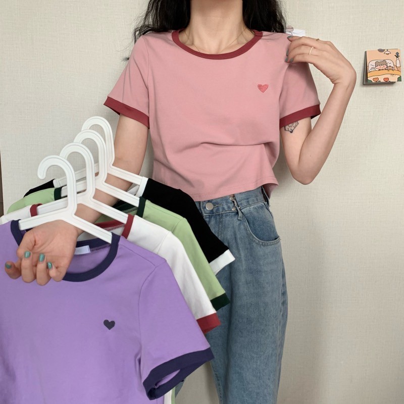 ✨Cynthai ✨ เสื้อยืด คอลม แขนสั้น ลายปักหัวใจ ผ้าลื่น สวมใส่สบาย สไตล์เกาหลี 💗🎀 #9010