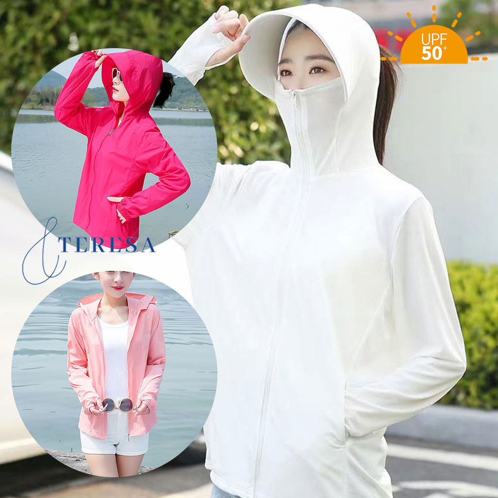 เสื้อกันแดดหญิงลายเรียบใหม่ หมวกติดกันแดด