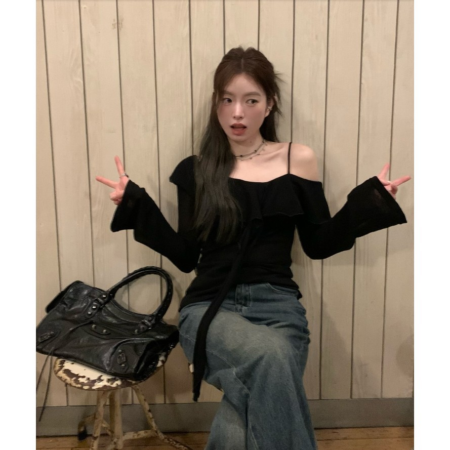 เสื้อแขนยาวถักเปิดไหล่ฤดูใบไม้ผลิสําหรับผู้หญิง